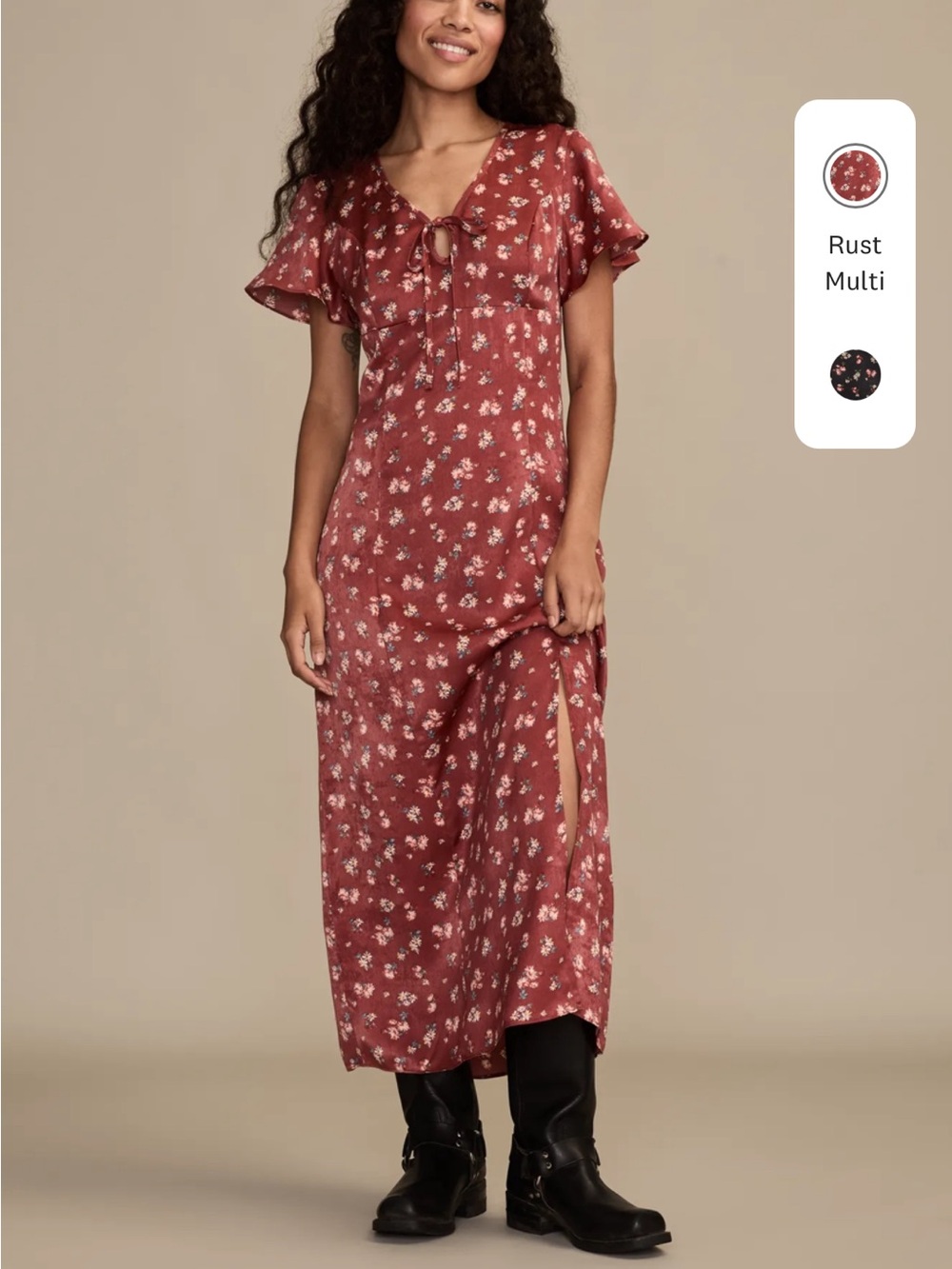 Lucky Brand Rust Floral Maxi Dress with Tie Neck